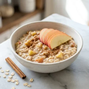 A close-up shot of a bowl of apple cinnamon oatmeal without sugar, garnished with fresh apple slices.