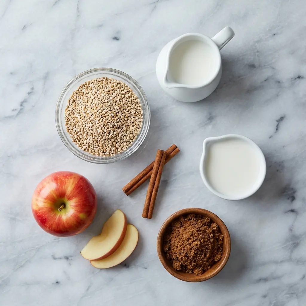 An overhead flat lay of the ingredients for apple cinnamon steel cut oats: oats, an apple, cinnamon sticks, milk, and brown sugar.