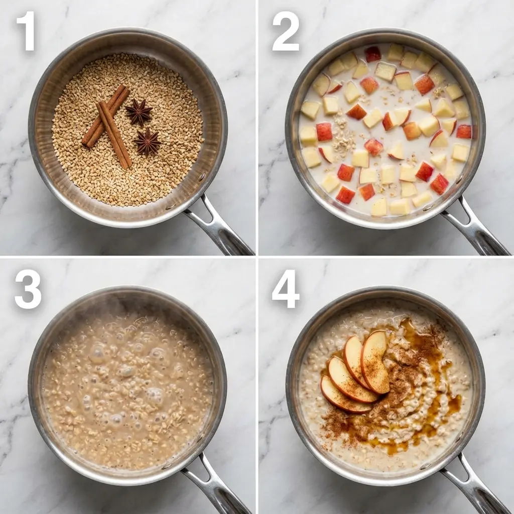 A 4-panel image showing the steps to make steel cut oats: toasting oats, adding liquids, simmering, and the final cooked oatmeal.