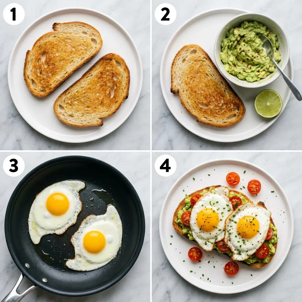 A four-panel image showing the steps to make avocado toast with egg: toasting bread, mashing avocado, frying eggs, and assembling.
