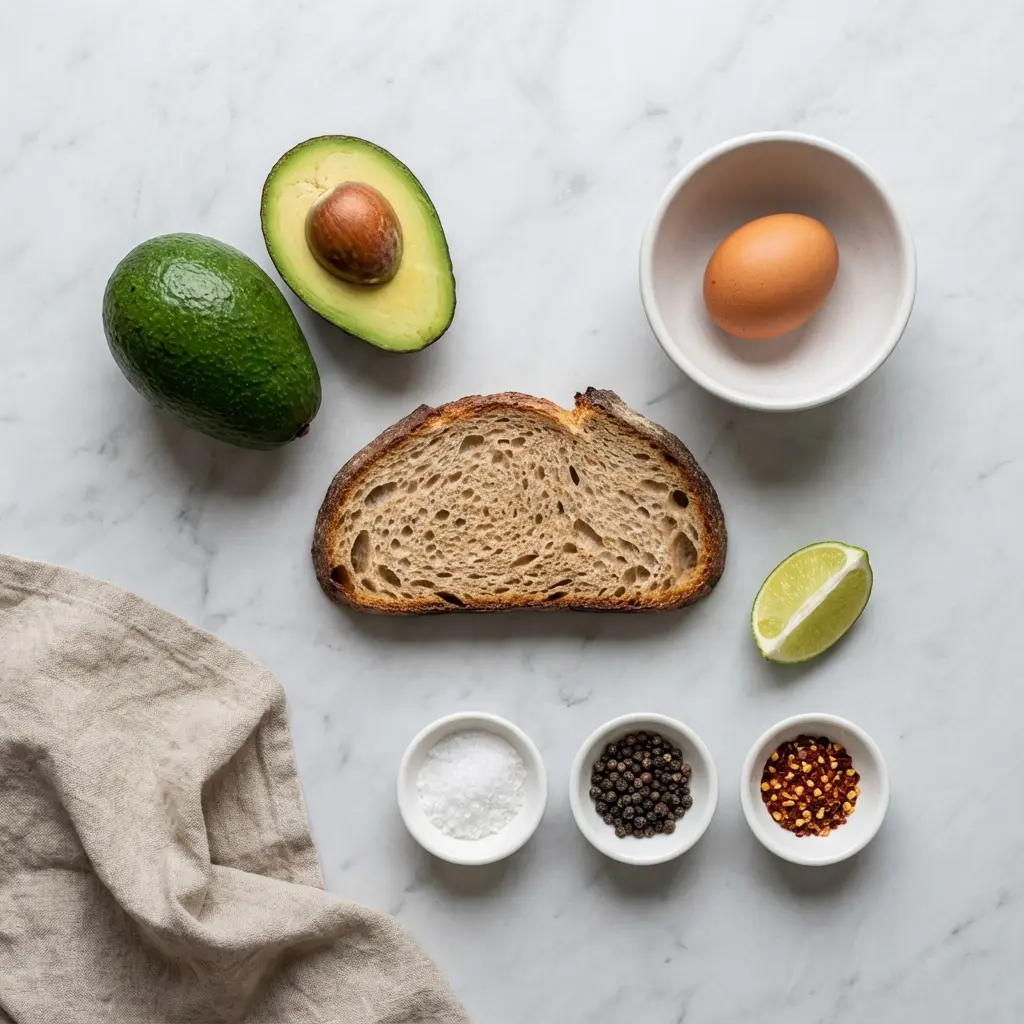 Ingredients for avocado toast with egg laid out on a marble countertop.