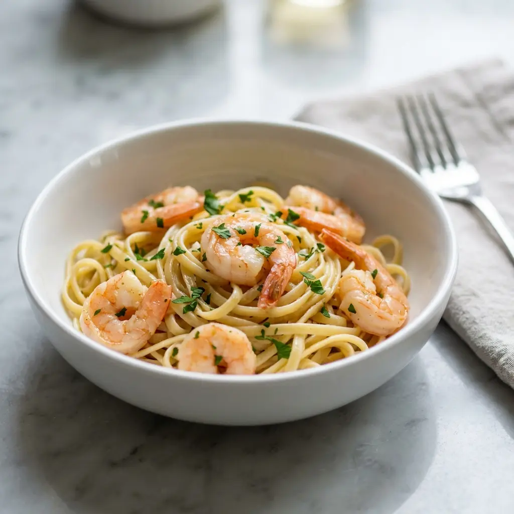 A close-up, dynamic shot of a plate of garlic butter shrimp linguine, garnished with fresh parsley.