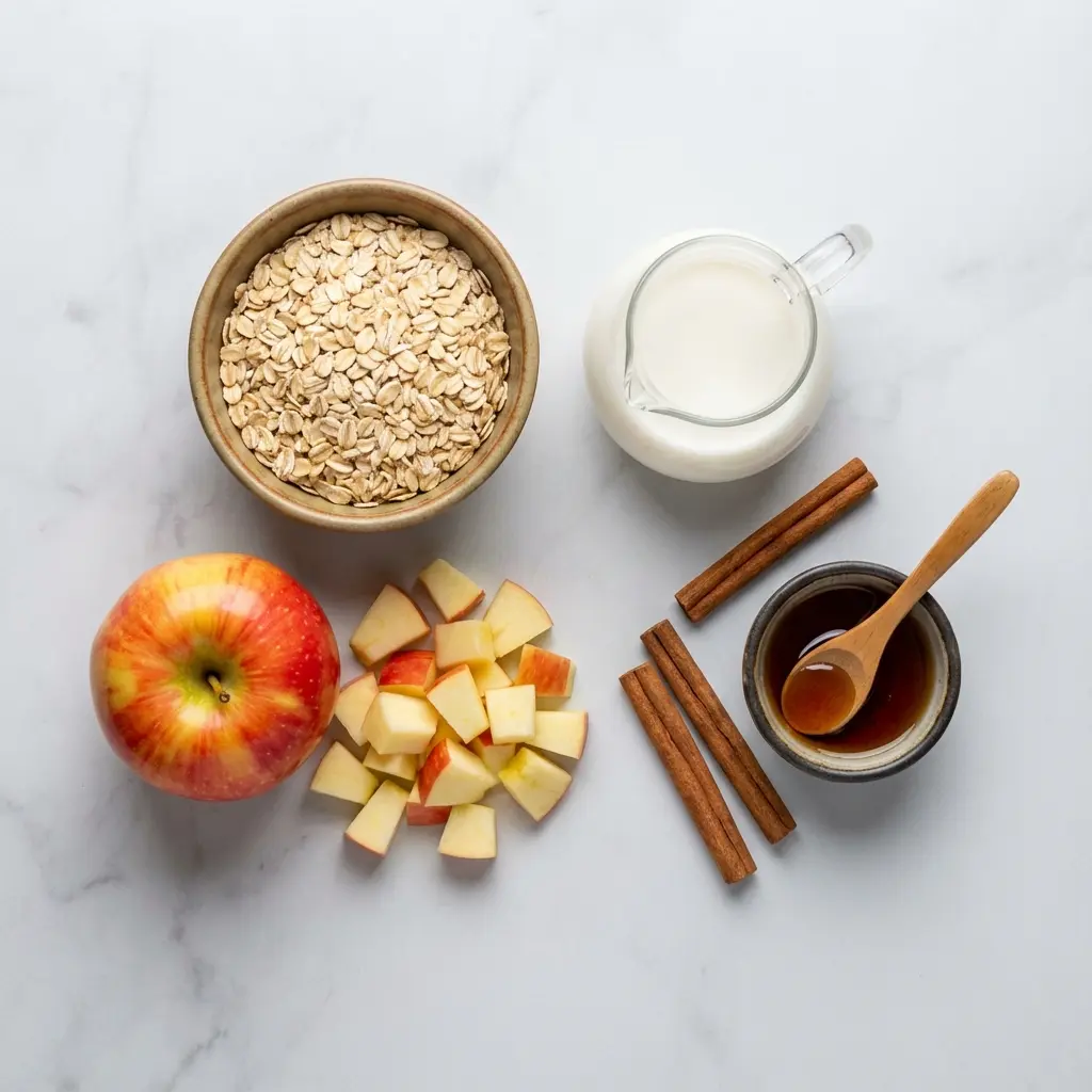 An overhead flat lay of the ingredients needed for healthy apple cinnamon oatmeal: rolled oats, a diced apple, milk, and spices.