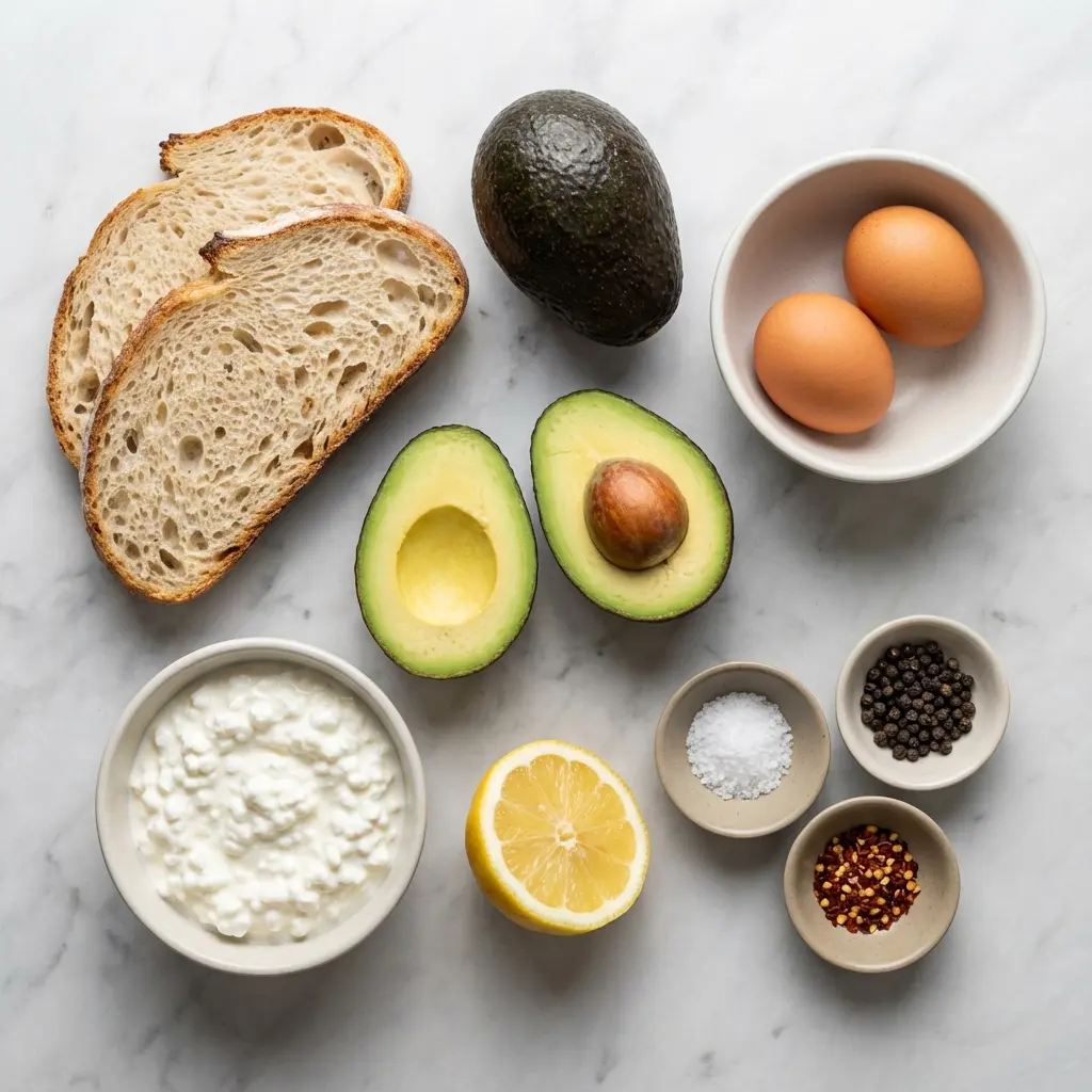 An overhead view of the ingredients for high protein avocado egg toast, including bread, avocado, eggs, and cottage cheese, arranged on a marble surface.