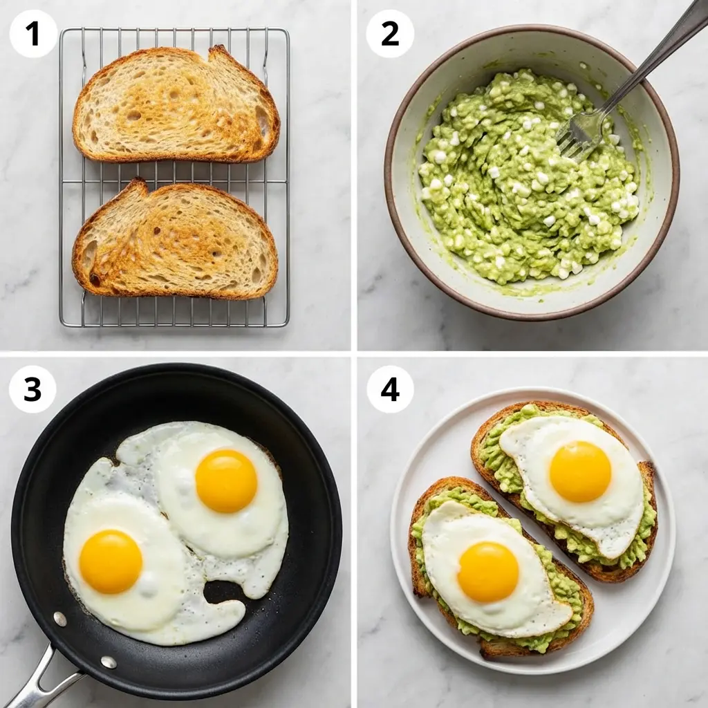 A four-panel image showing the steps to make high protein avocado egg toast: toasting bread, mashing avocado, cooking eggs, and assembling.