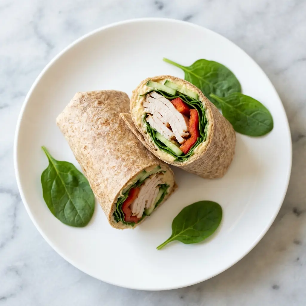 An overhead view of a finished turkey hummus wrap, cut in half and plated beautifully.