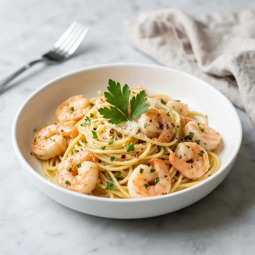 A serving of lemon garlic butter shrimp pasta in a white bowl, garnished with fresh parsley.