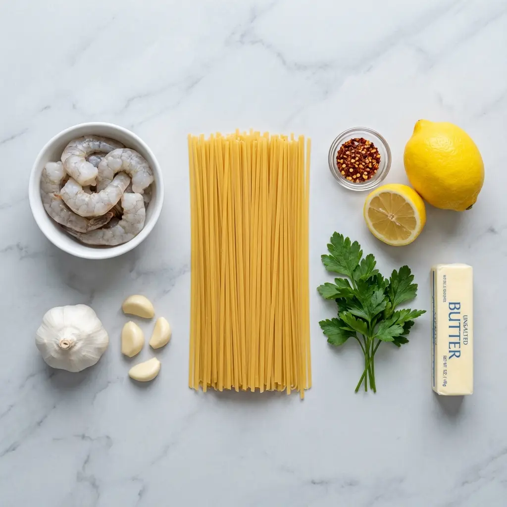 Raw ingredients for lemon garlic butter shrimp pasta laid out on a marble surface.