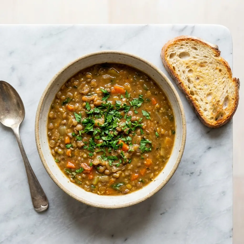 An overhead flat lay photo of a bowl of lentil vegetable soup on a marble surface.