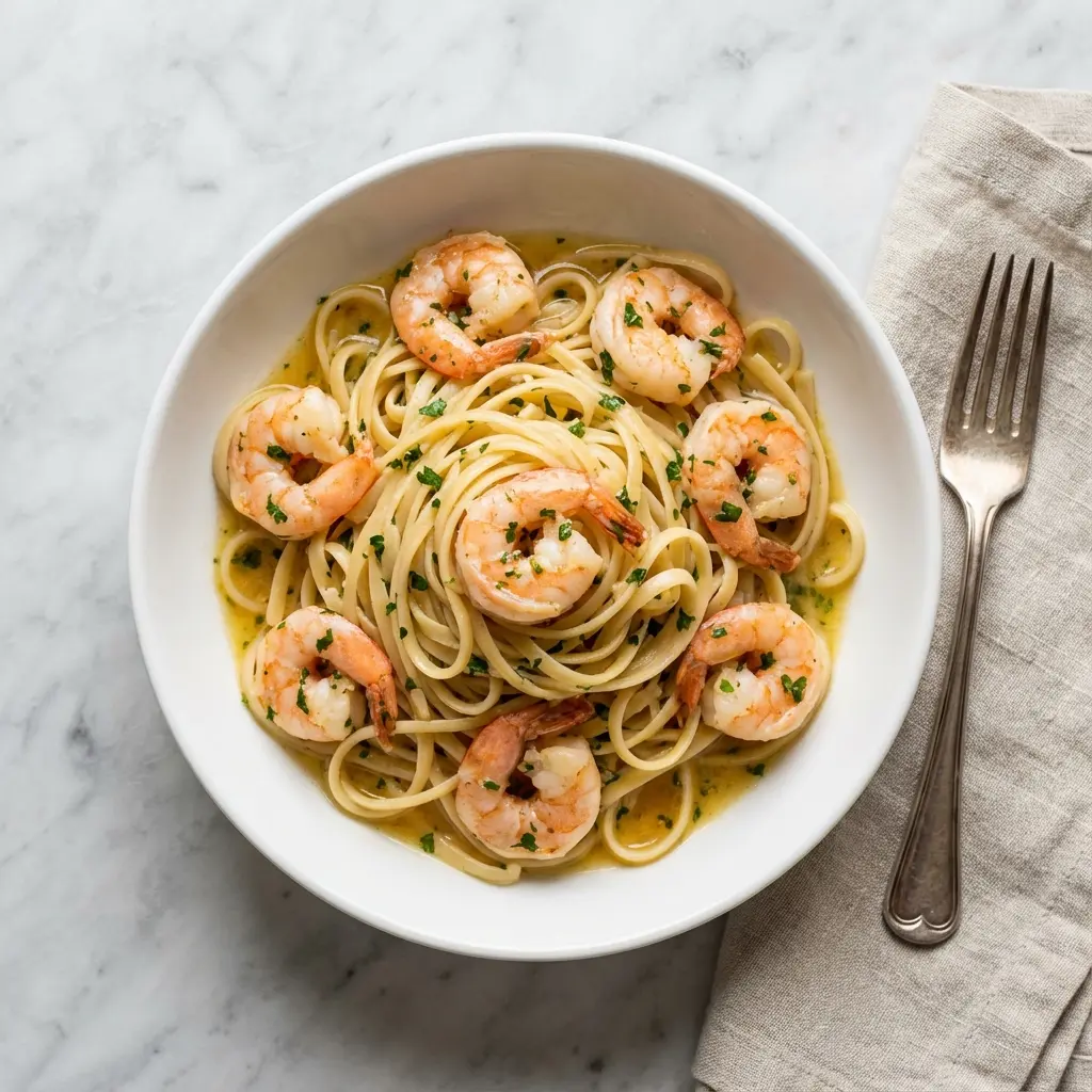 An overhead view of a bowl of one pan garlic butter shrimp pasta on a marble surface.