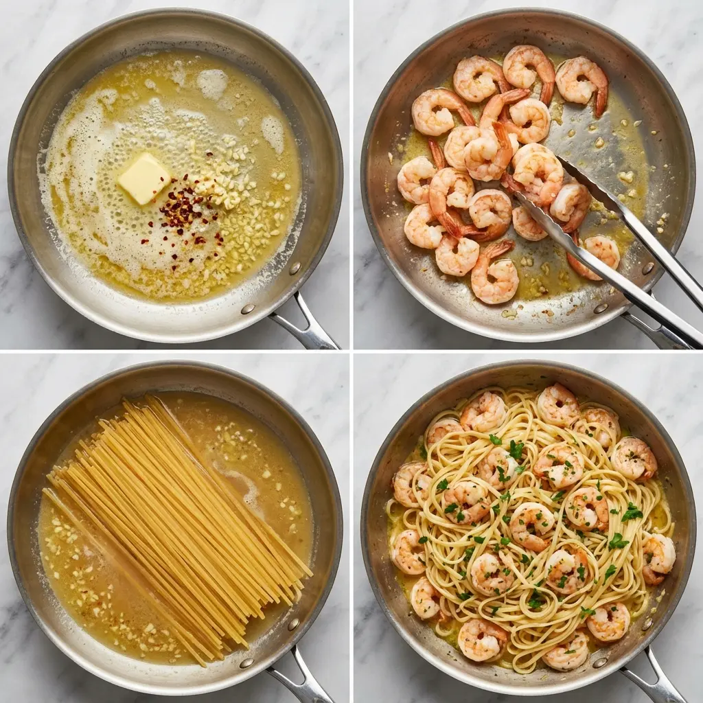 A 4-panel image showing the steps to make one pan garlic butter shrimp pasta, from sautéing shrimp to the final dish.