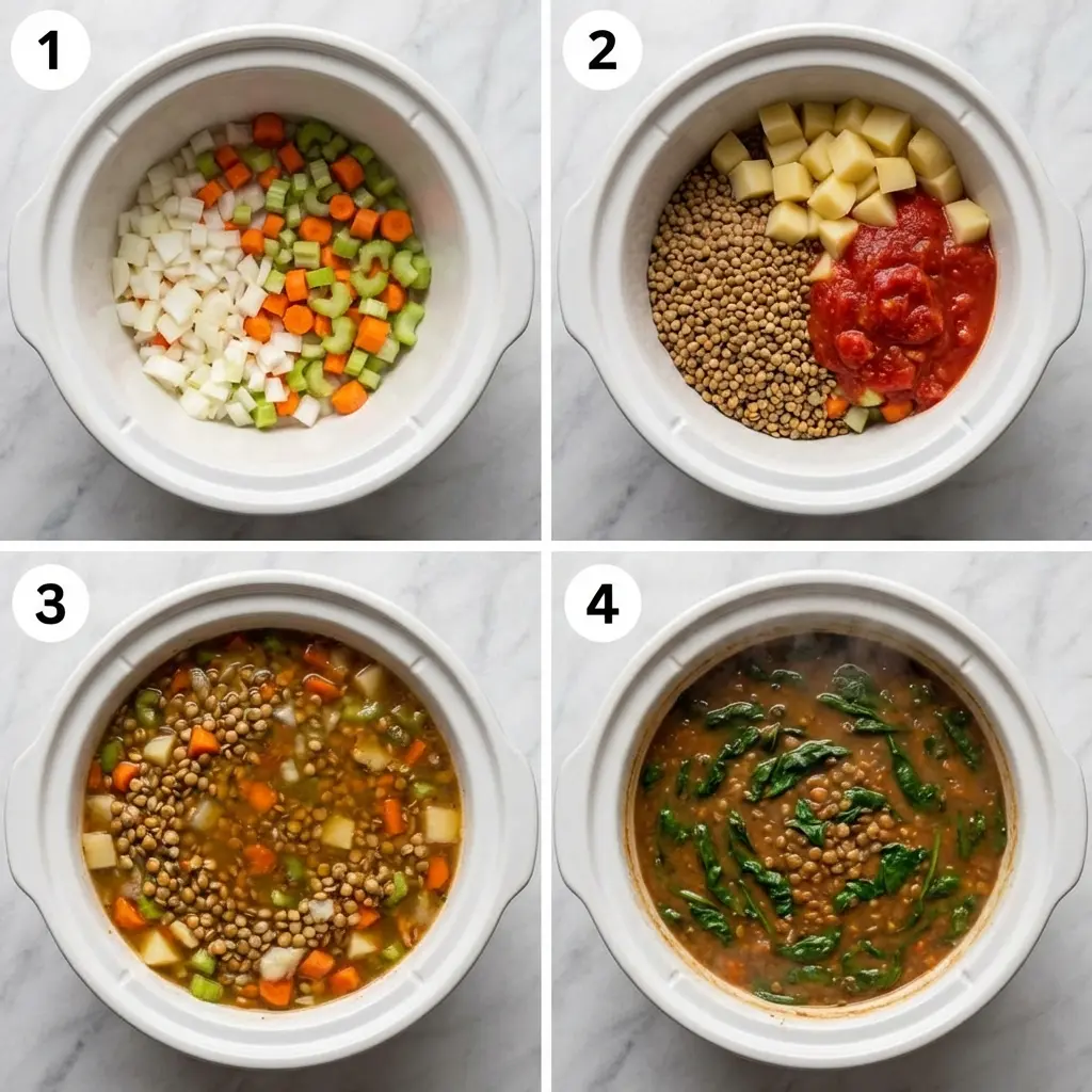 A four-panel image showing the steps to make slow cooker lentil soup, from adding ingredients to the finished product.