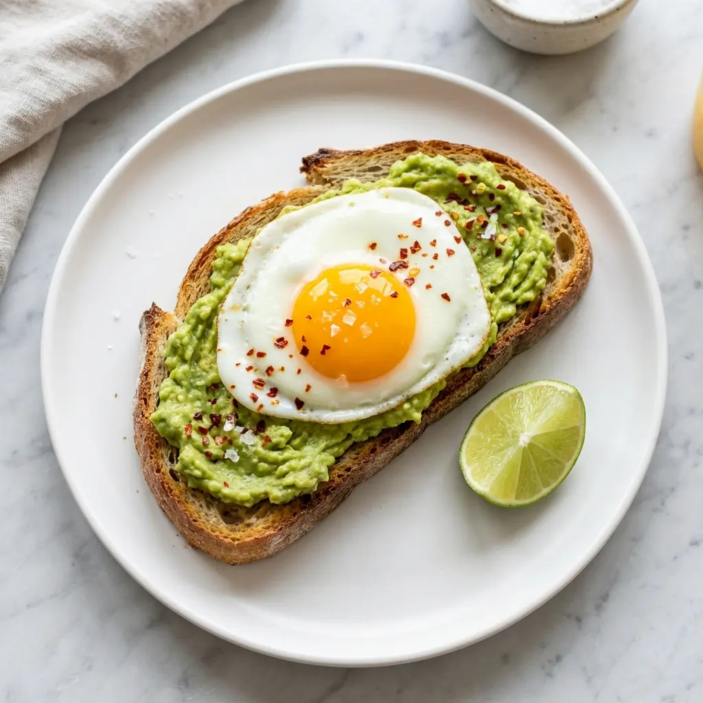 An overhead view of sourdough avocado toast with a fried egg on a white plate.
