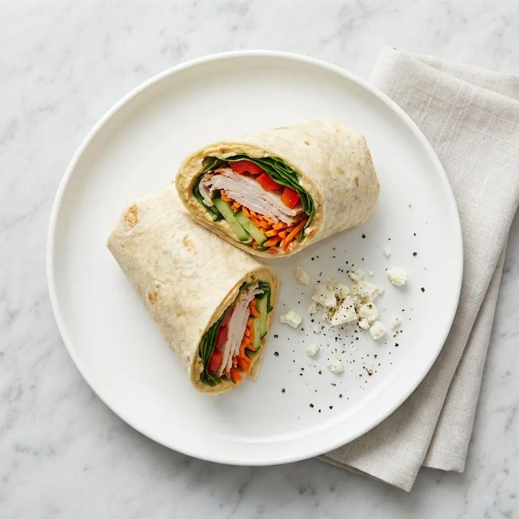 An overhead view of a sliced turkey hummus veggie wrap on a plate.