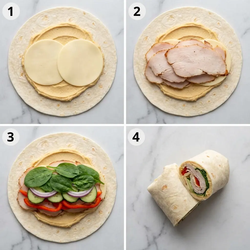 A four-step visual guide showing how to assemble a no-soggy turkey hummus wrap for meal prep.
