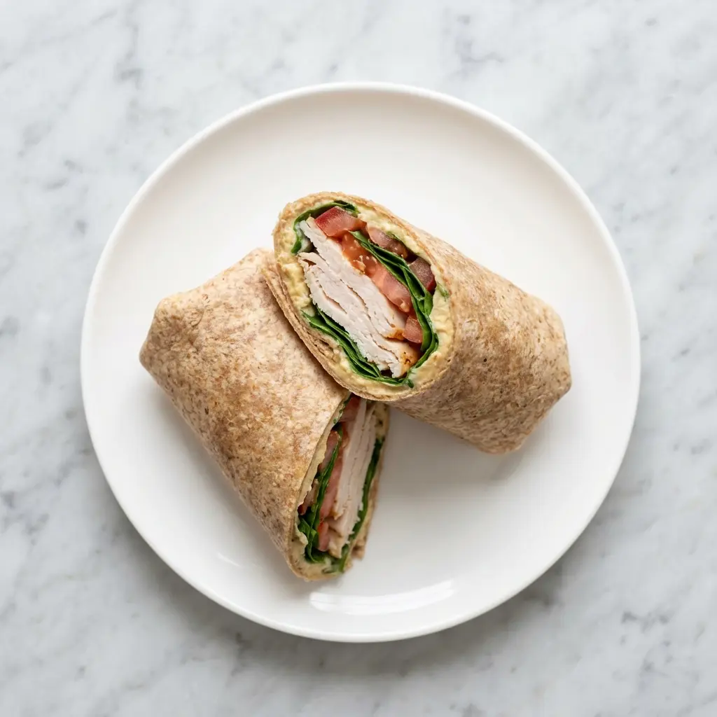 An overhead flat lay photo of two delicious whole wheat turkey hummus wraps on a plate.
