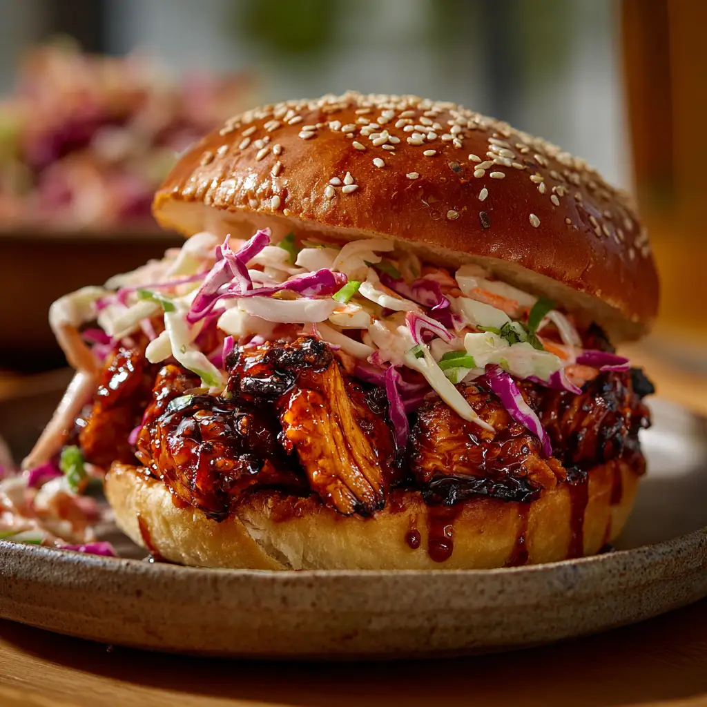 Assembling the Spicy Korean BBQ Chicken Sandwich with fresh, crunchy coleslaw on a toasted brioche bun.