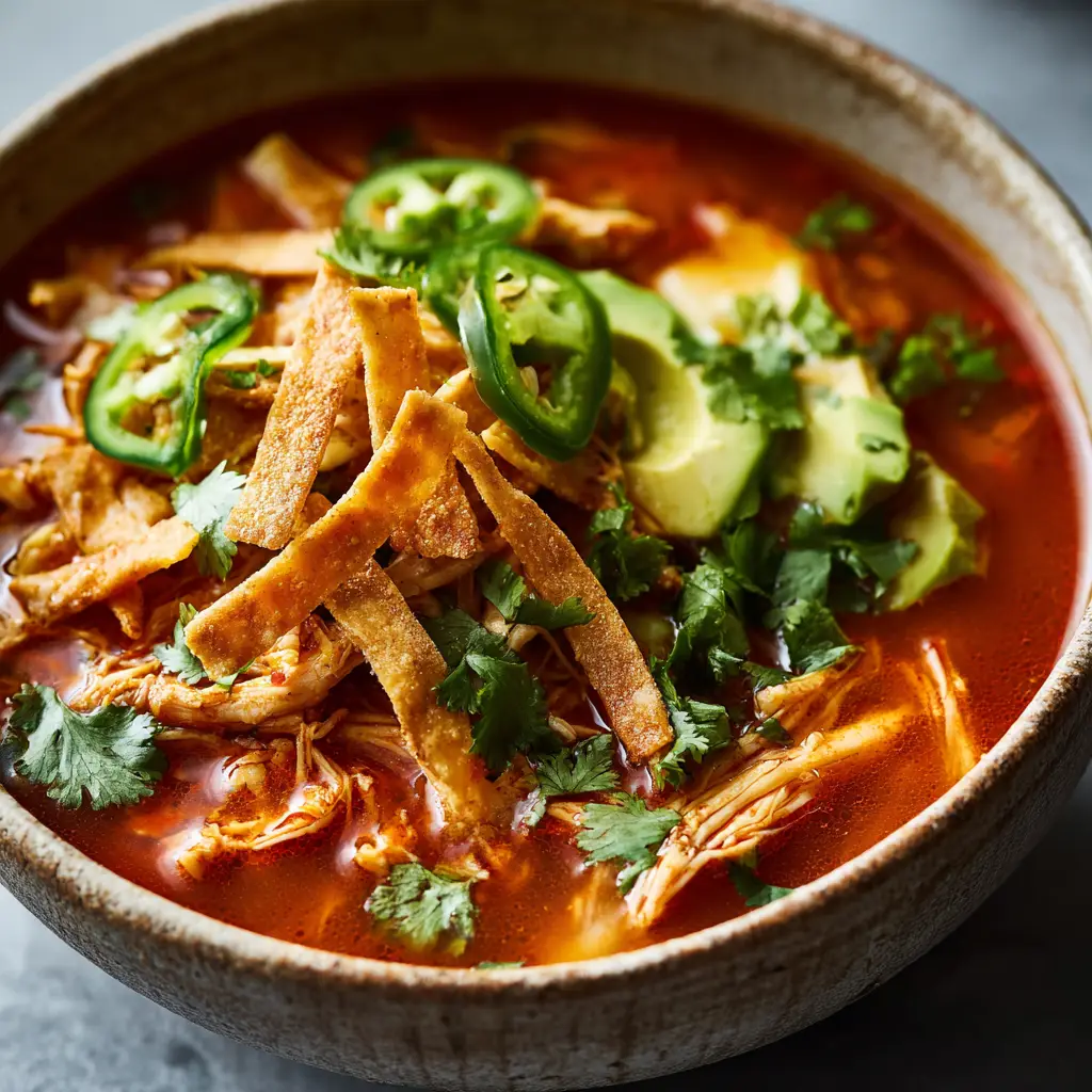 A bowl of finished chicken tortilla soup from a side angle, generously garnished with fresh cilantro, diced avocado, and a dollop of sour cream, with crispy tortilla strips on top.