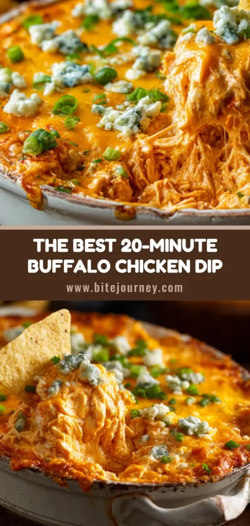 An overhead shot of a creamy, cheesy Buffalo Chicken Dip Recipe in a baking dish, garnished with green onions and served with tortilla chips.