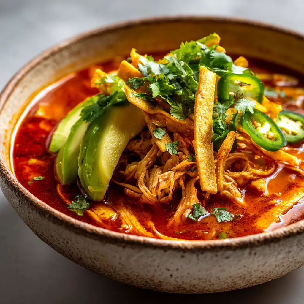 Home 8 A close-up shot of the rich, red broth of the chicken tortilla soup, showing tender pieces of shredded chicken, corn, and black beans simmering in a pot.