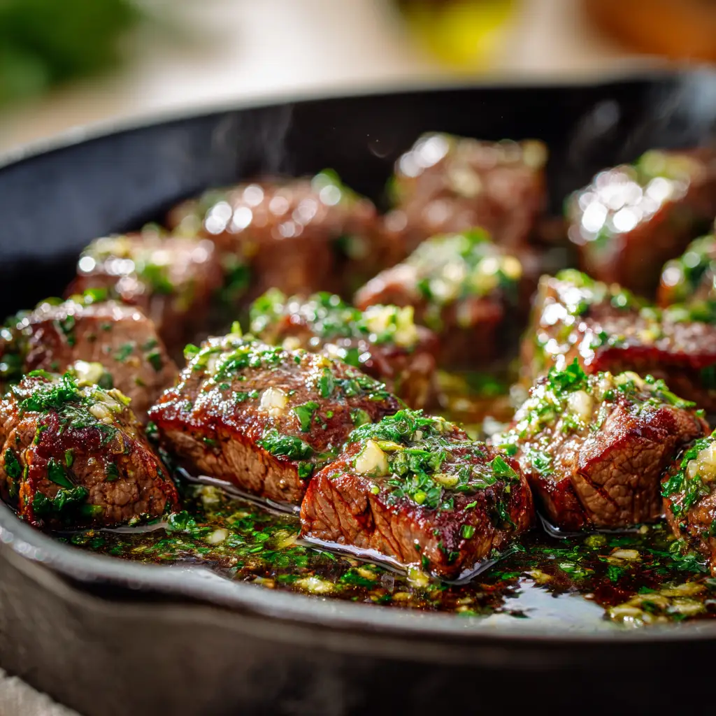 A close-up shot of pan-seared steak bites, glistening with savory cowboy butter sauce and herbs.