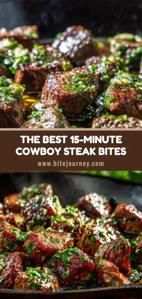 A skillet full of juicy Cowboy Butter Steak Bites, garnished with fresh parsley and ready to be served. The perfect easy dinner recipe.