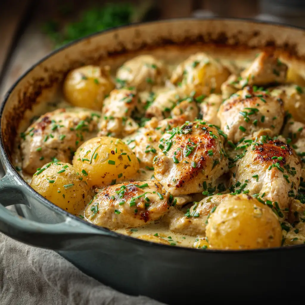 A close-up shot of creamy ranch chicken and potatoes. The chicken is tender and coated in a savory white sauce, garnished with fresh parsley.