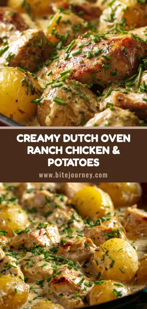 A shareable pin image of Dutch Oven Creamy Ranch Chicken, showing tender chicken and potatoes in a rich, creamy sauce inside a Dutch oven.