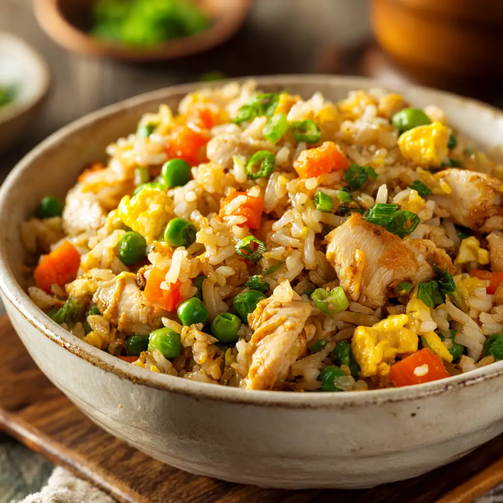 A final plated serving of easy gluten-free chicken fried rice, showcasing the delicious texture and fresh ingredients. Ready in under 30 minutes.