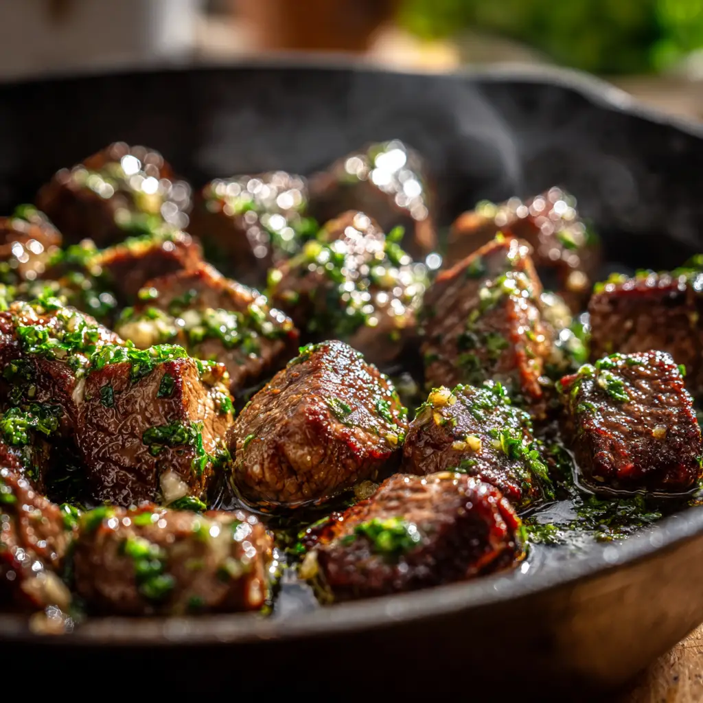 A rustic skillet showcasing the finished cowboy butter steak bites, ready to be served as an appetizer or dinner.