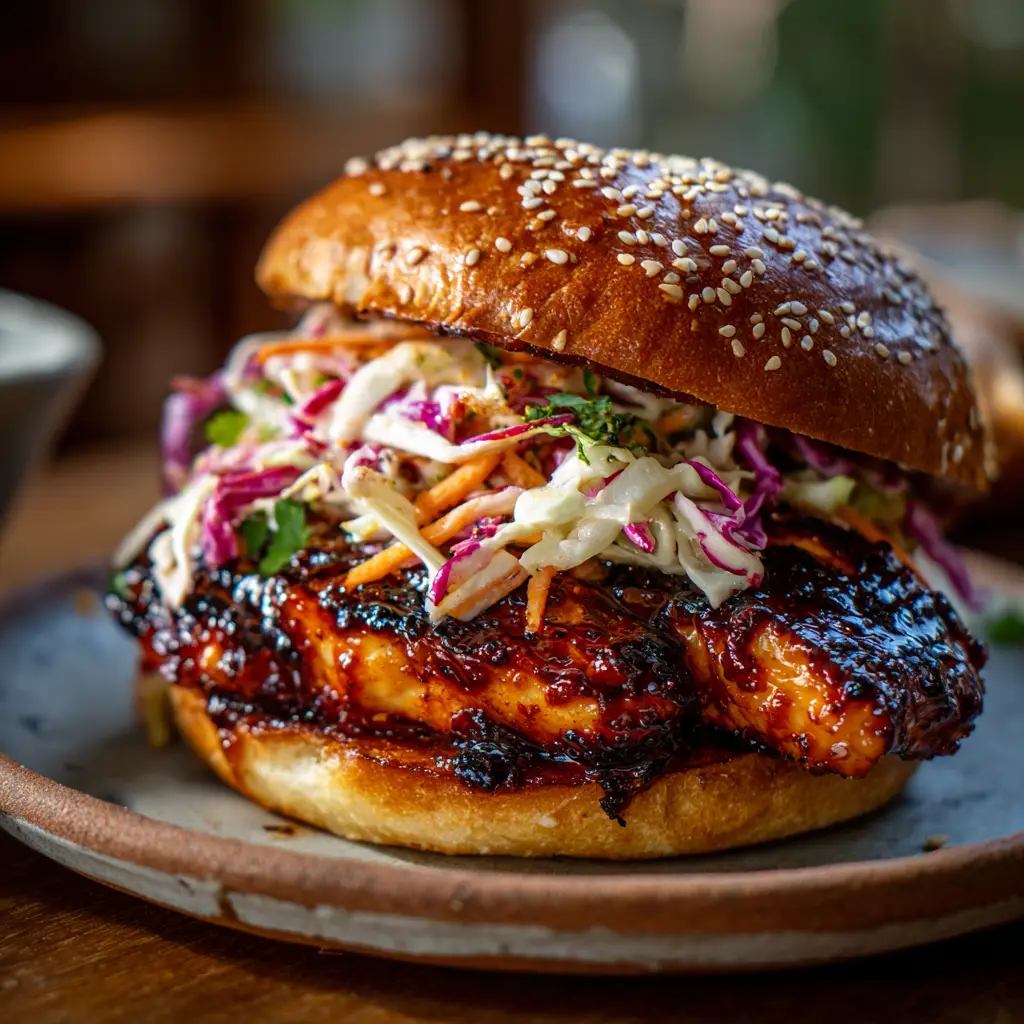 A close-up shot of the gochujang chicken being glazed in a pan for the Spicy Korean BBQ Chicken Sandwich.