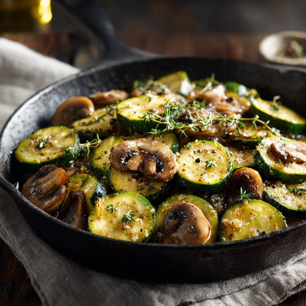 A spoonful of sauteed mushrooms and zucchini being lifted from a pan, demonstrating the delicious and simple nature of this healthy side dish.