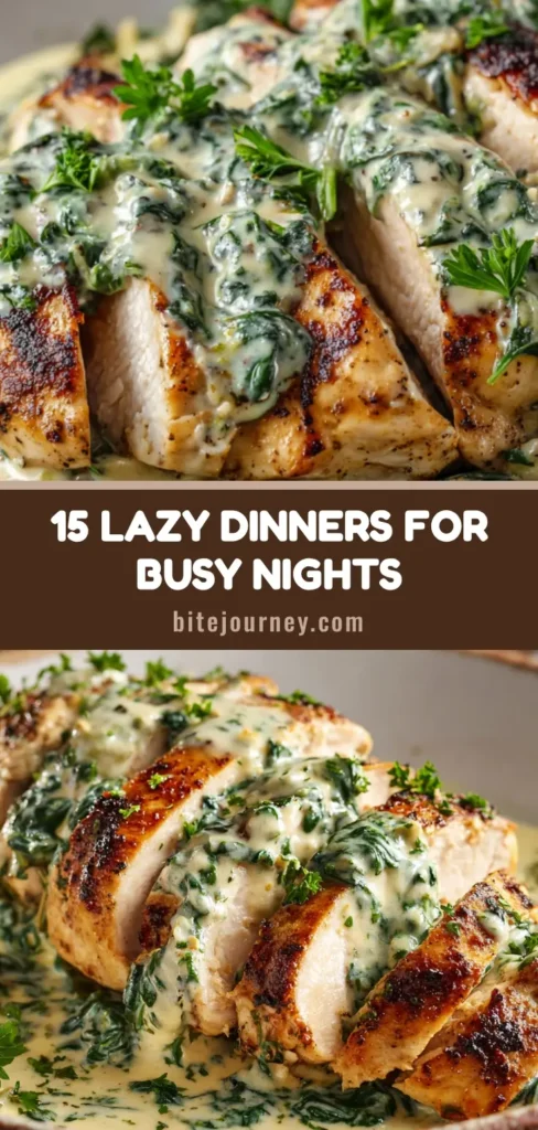 Sliced grilled chicken breast smothered in a creamy parmesan and spinach sauce, garnished with fresh parsley on a rustic white ceramic plate. (Easy Lazy Dinners)