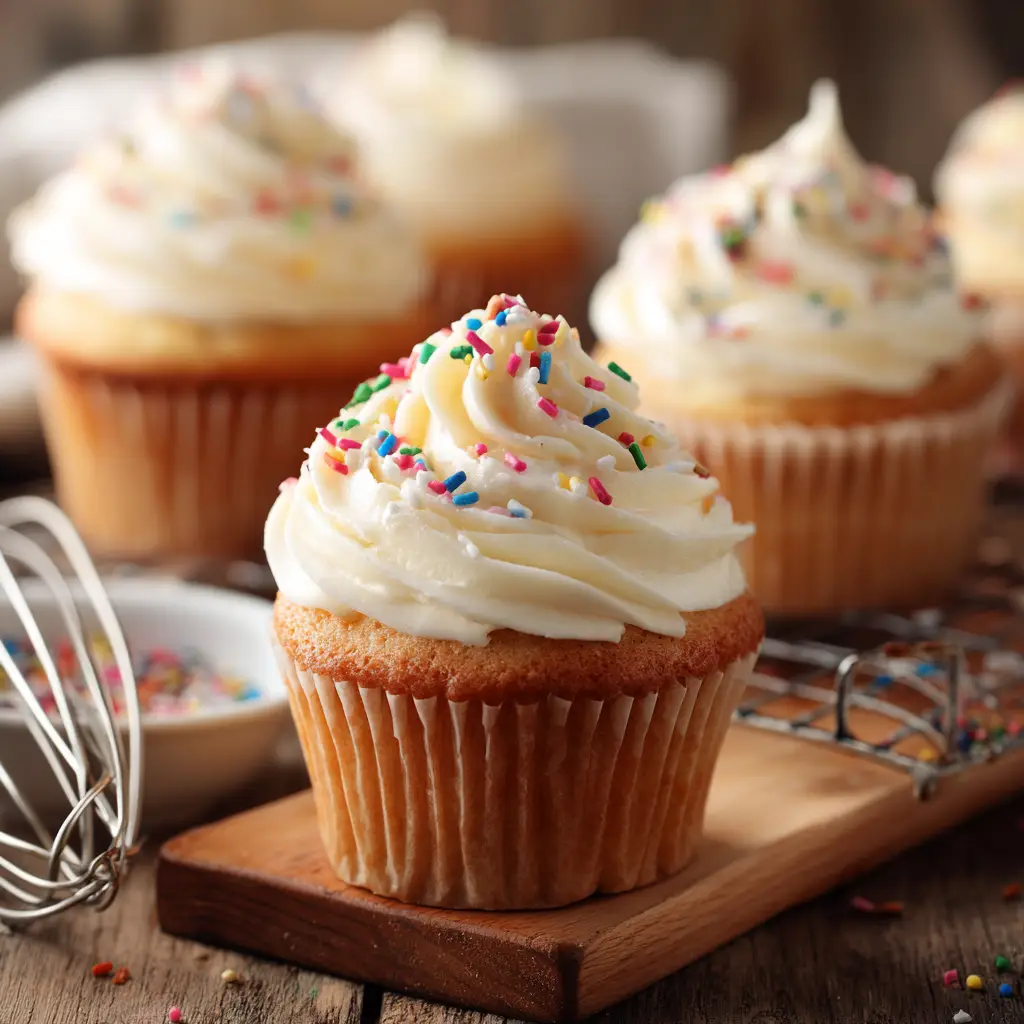 Freshly baked vanilla cupcakes cooling on a wire rack in bright kitchen lighting before being frosted.