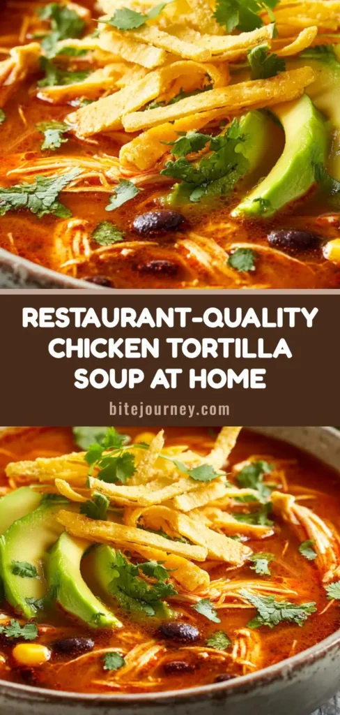 A close-up macro view of authentic chicken tortilla soup in a white bowl, featuring a rich red-orange broth, shredded chicken, and a heap of crispy yellow tortilla strips. (Chicken Tortilla Soup Recipe)