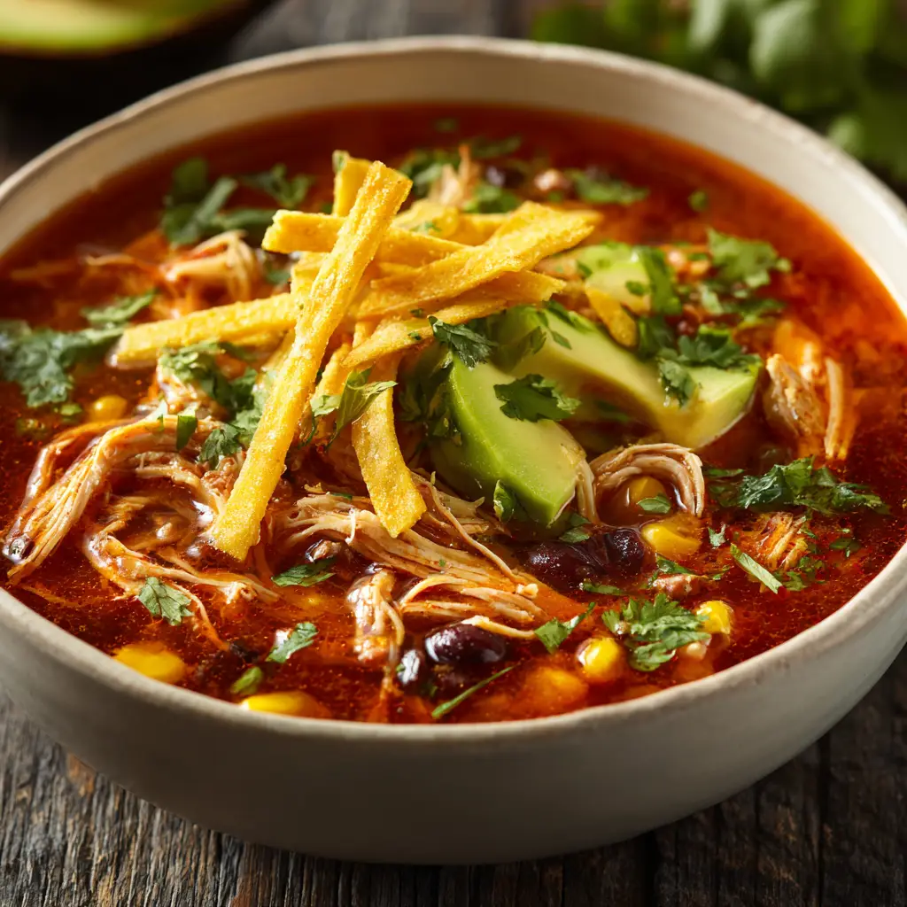 A rustic white ceramic bowl filled with hearty chicken tortilla soup, black beans, and sweet corn on a distressed wooden surface. (Chicken Tortilla Soup Recipe)