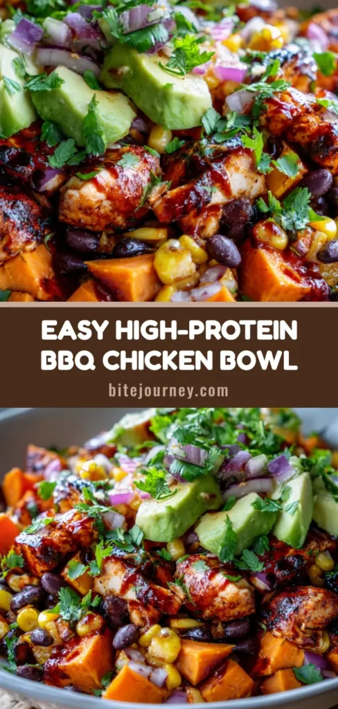 A rustic and hearty BBQ Chicken Sweet Potato Bowl in a shallow white ceramic bowl, loaded with caramelized sweet potatoes, glossy grilled chicken, black beans, charred corn, avocado, red onion, and cilantro.