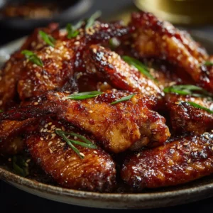 Macro close-up shot emphasizing the crispy, golden-brown skin of Chinese chicken wings covered in sesame seeds and scallions.