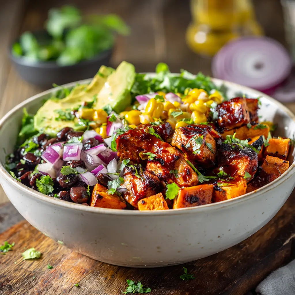 Close-up macro shot of succulent grilled chicken pieces tossed in glossy barbecue sauce beside roasted sweet potatoes with caramelized edges.