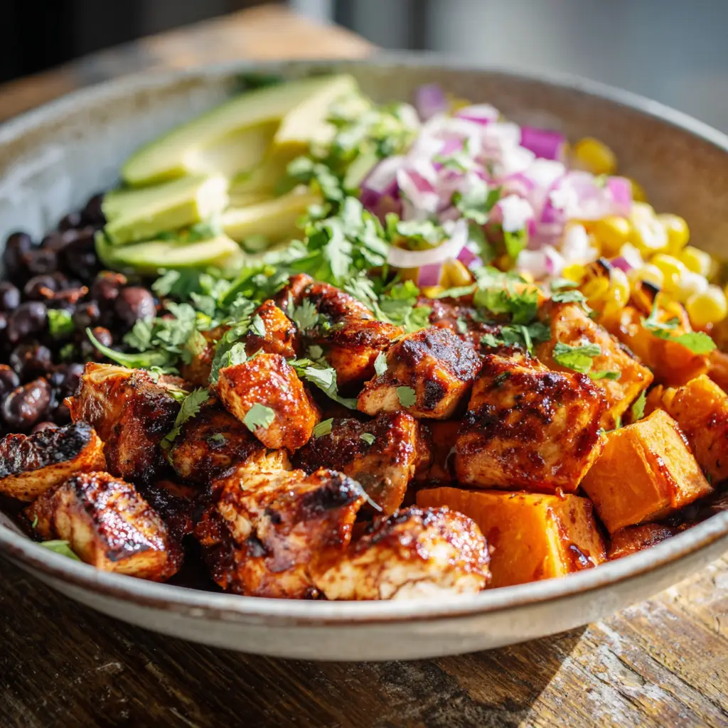 Vibrant mix of black beans, charred corn kernels, freshly sliced avocado, and chopped red onion beautifully arranged in a white bowl.