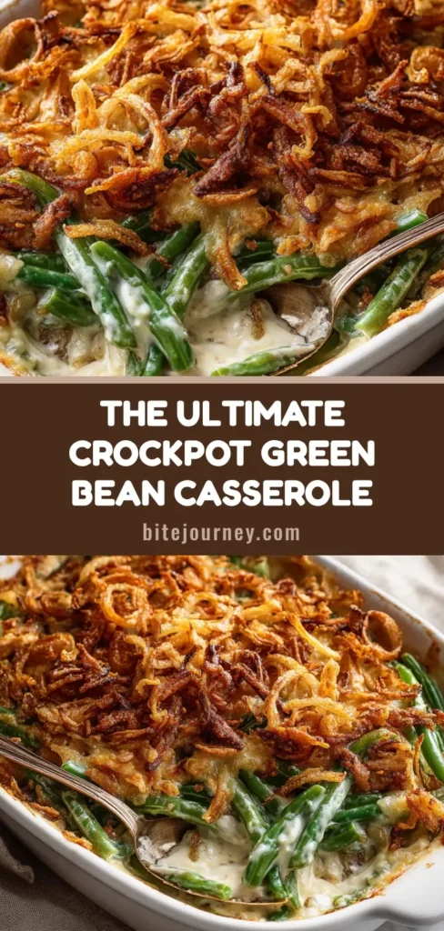 A hearty, creamy Crockpot Green Bean Casserole topped with a thick, crunchy layer of golden-brown fried onions, served in a rustic white ceramic dish on a white marble surface.