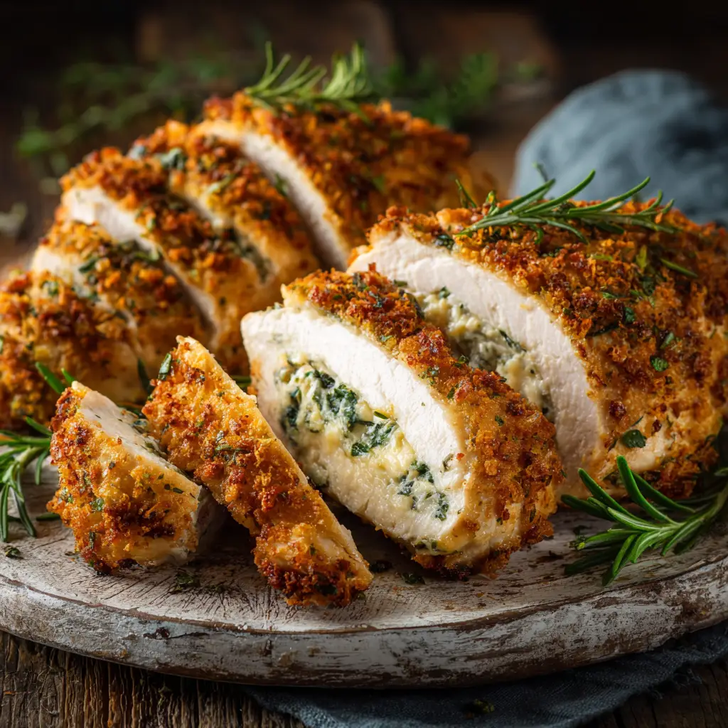 Rustic white ceramic platter filled with freshly baked Boursin chicken breasts garnished with fresh rosemary sprigs.