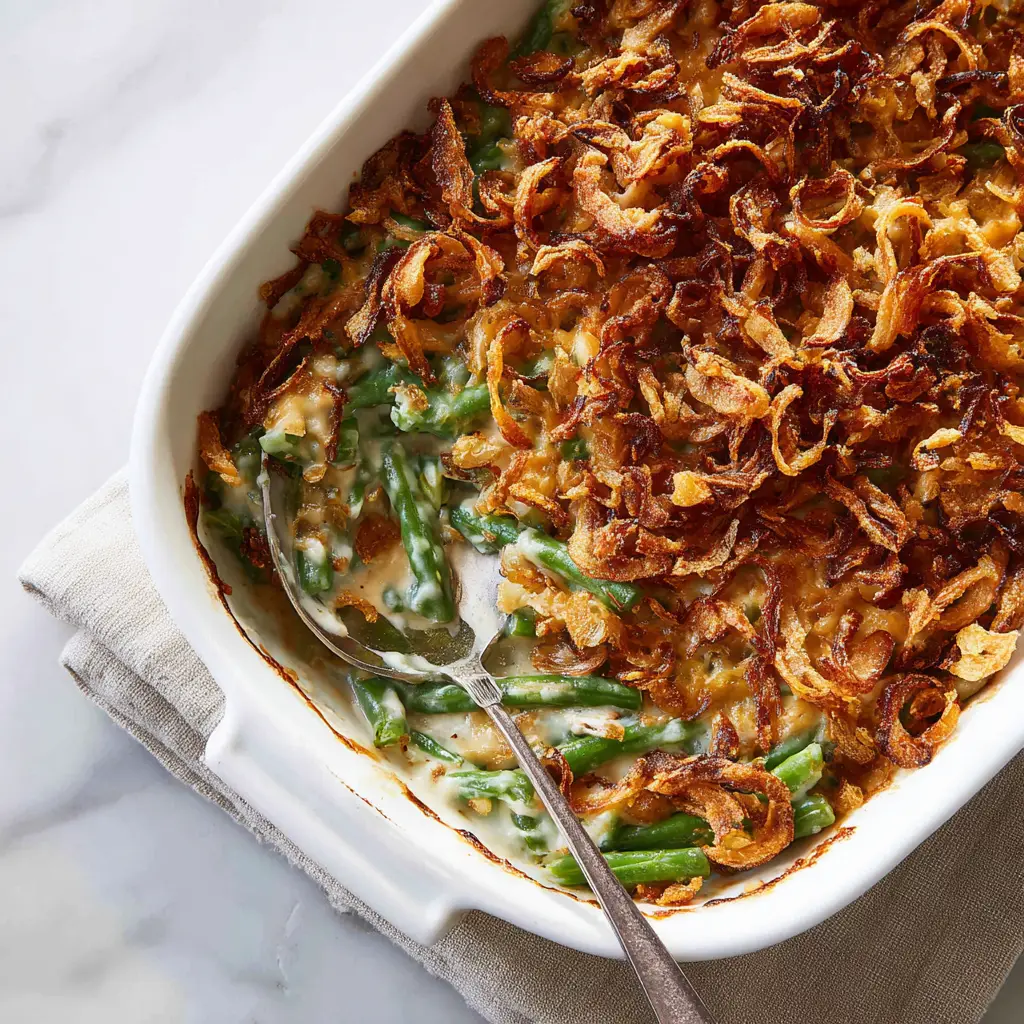 Close-up macro food photography of a viral-aesthetic Crockpot Green Bean Casserole next to a folded linen napkin.