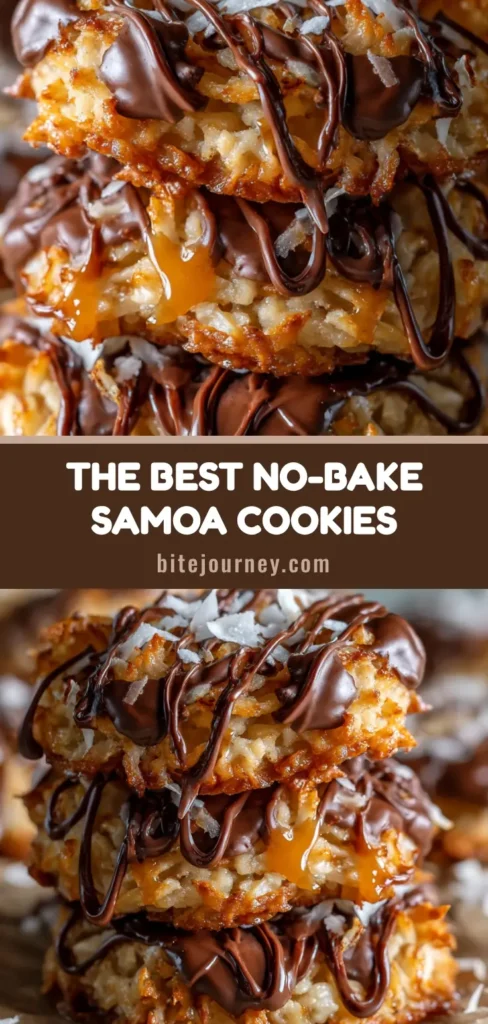 A towering rustic stack of homemade no-bake Samoa cookies dripping with chocolate and gooey caramel on crinkled parchment paper.