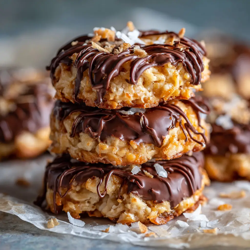 Macro close up of hearty no-bake Samoa cookies featuring toasted golden coconut, caramel, and thick dark chocolate base.