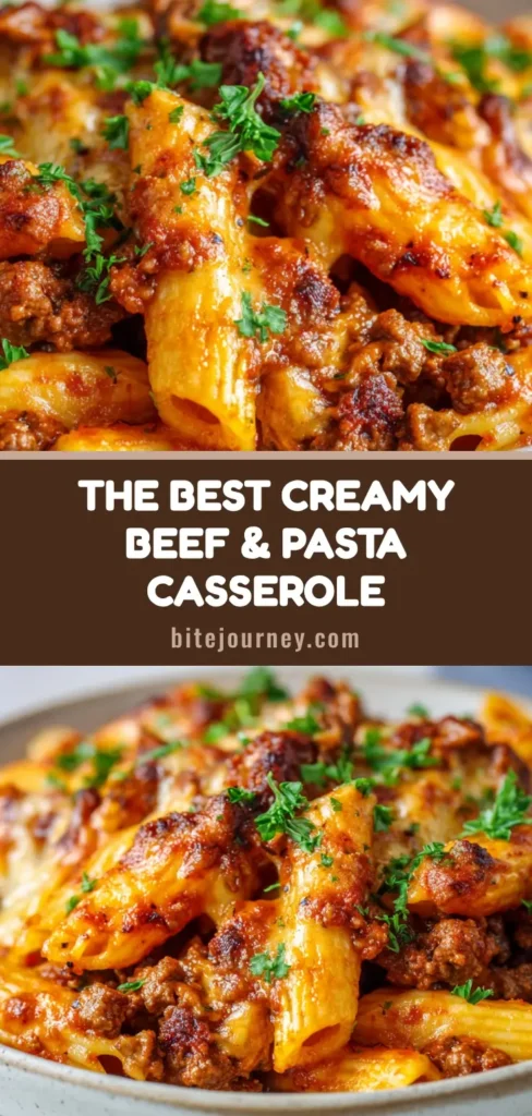 A close-up, mouth-watering view of a hearty Ground Beef Casserole with bubbling cheese and fresh parsley garnish.