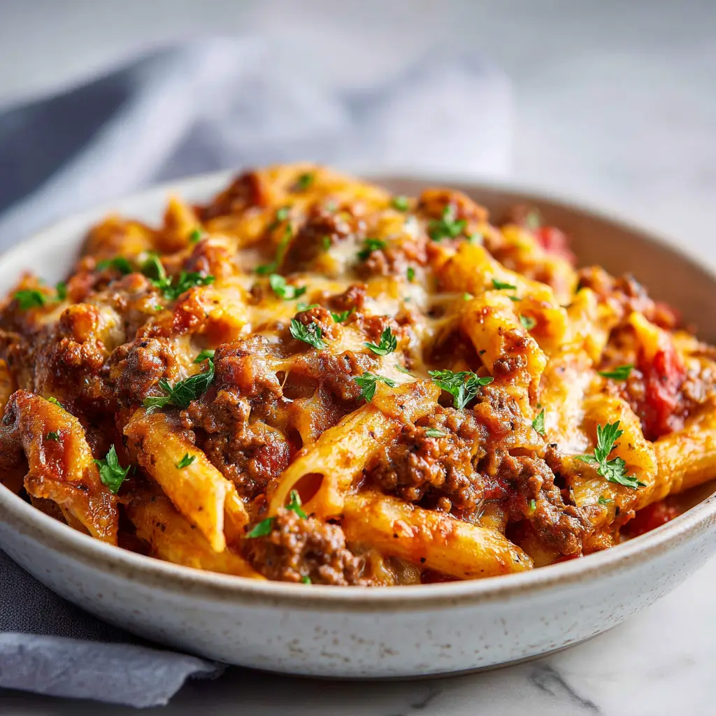 Close-up of cheesy baked penne pasta and seasoned ground beef on a white marble tabletop.