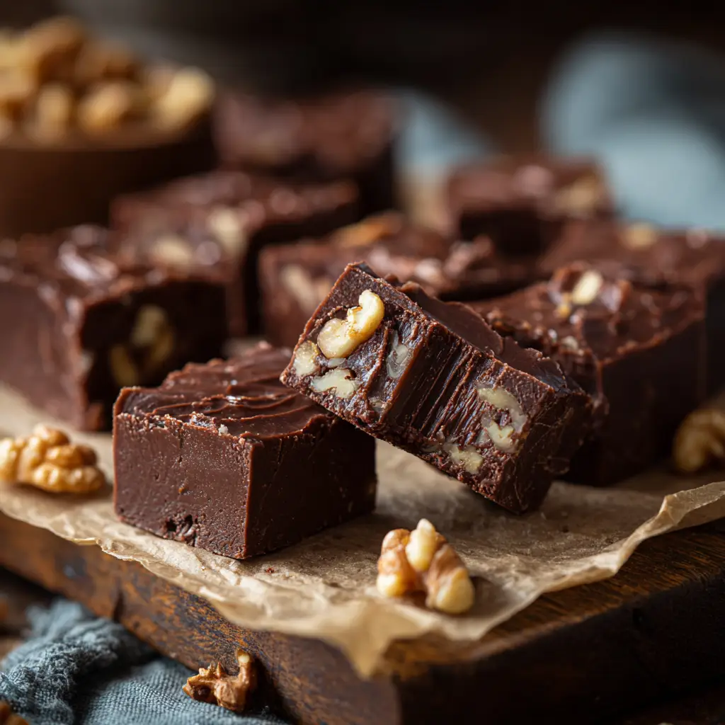 A rustic dark wood surface displaying creamy dark chocolate walnut fudge illuminated by bright kitchen lighting. (Best Fudge Recipe)