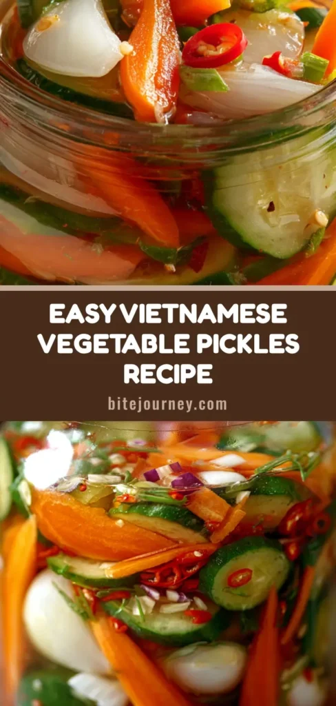 A rustic glass jar overflowing with authentic Vietnamese vegetable pickles including orange carrots and crisp green cucumbers.