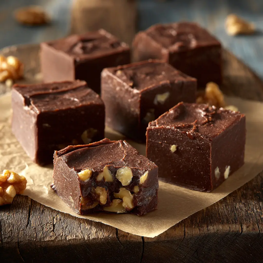A perfectly cut piece of dark chocolate walnut fudge with a bite taken out, resting on parchment paper.